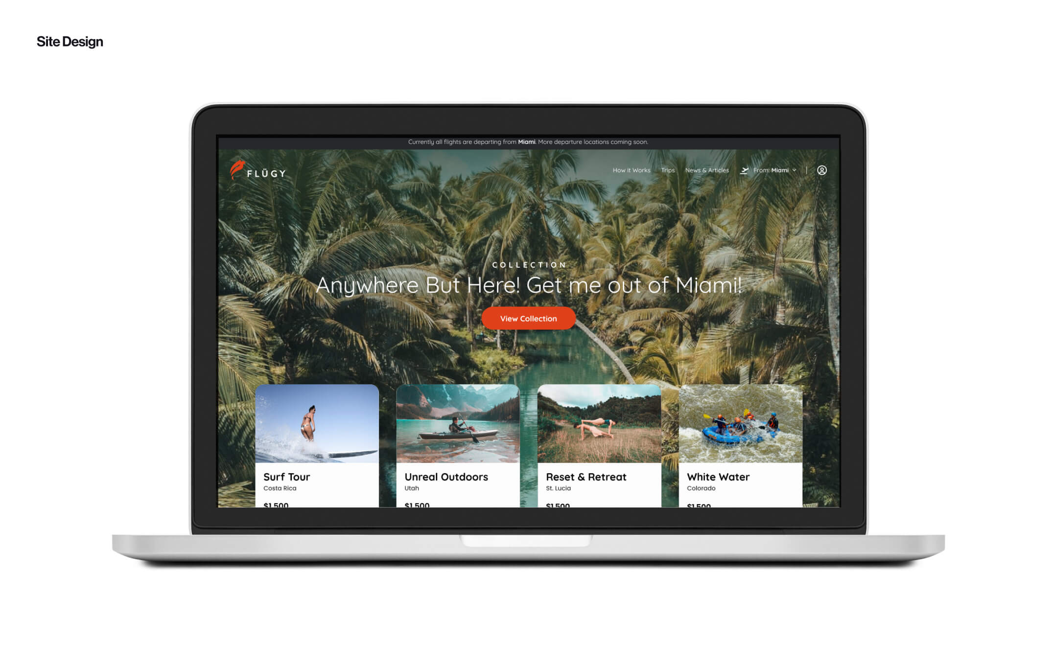 Flügy.com site design — trip collections page on a laptop