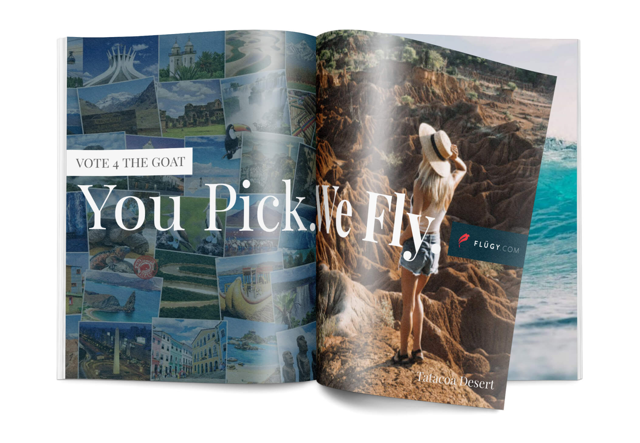 Flügy ‘You Pick. We Fly.’ print ad in a travel magazine