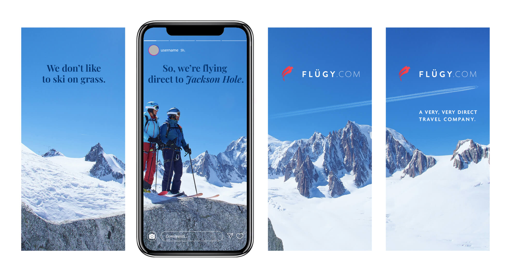 Flügy social story ads — skiers flying direct to Jackson Hole