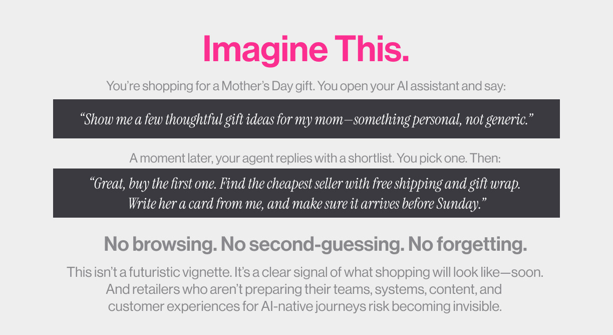 An 'Imagine This' scenario: a shopper asks their AI assistant for a thoughtful, personal Mother's Day gift, then tells it to buy the top pick, find the cheapest seller with free shipping and gift wrap, write a card, and make sure it arrives before Sunday. Caption: no browsing, no second-guessing, no forgetting.