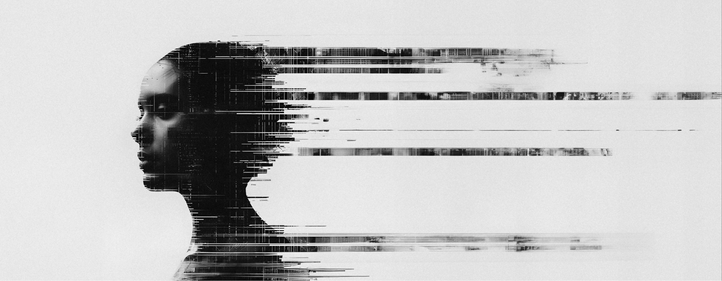 Glitch-art portrait of a woman's profile dissolving into streaks of digital data