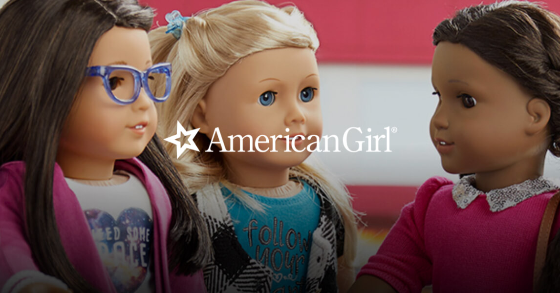 Three American Girl dolls facing one another, with the American Girl logo overlaid.
