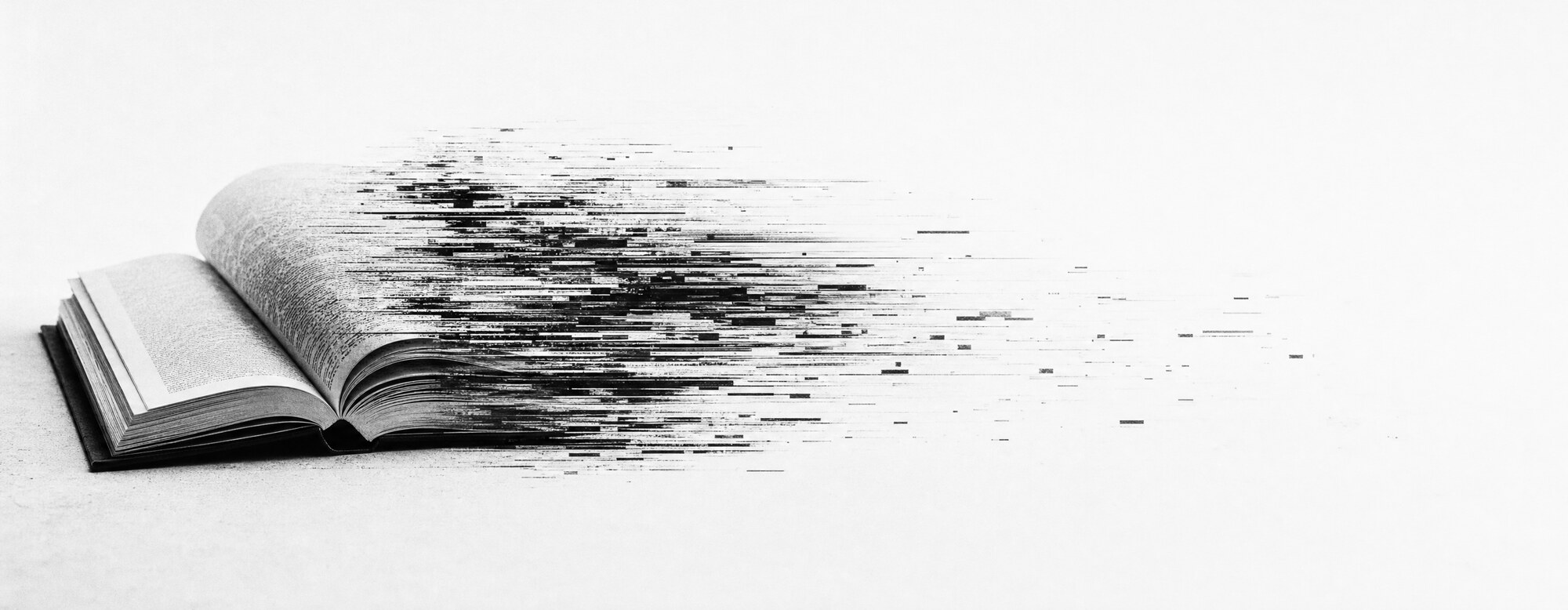 An open book whose pages dissolve rightward into digital glitch, on a pale background